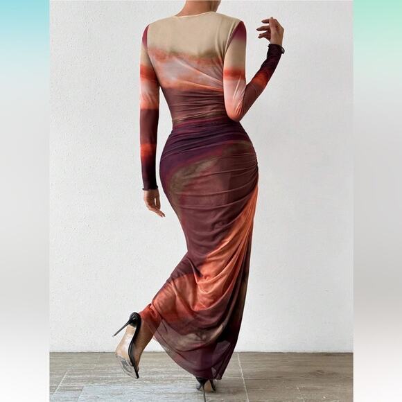 2025 Long Sleeve Maxi Dress Bodycon Ruched Natural Slim Fit TieDye Dress M - Picture 2 of 6